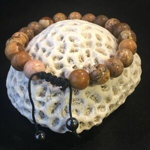 Men's Brown Picture Jasper Beige Mala Bead Adjustable Bracelet